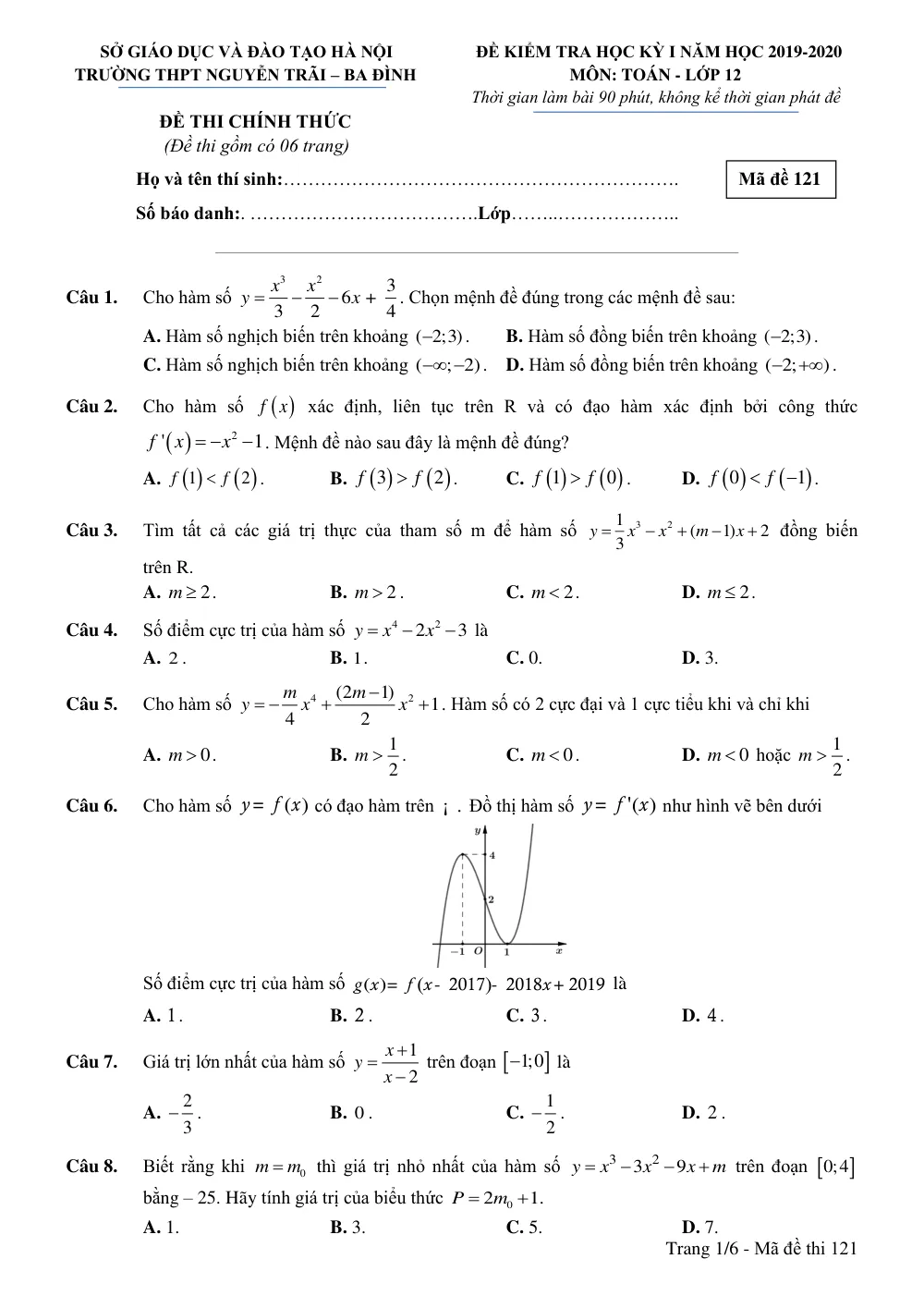 Xem trước trang 1 của "Đề Kiểm Tra Học Kỳ 1 Toán 12 - Năm học 2019-2020 - Trường THPT Nguyễn Trãi - Hà Nội"