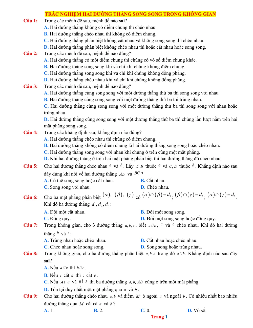 Xem trước trang 1 của "30 Câu Trắc Nghiệm Hai Đường Thẳng Song Song Trong Không Gian - Hải Dương"