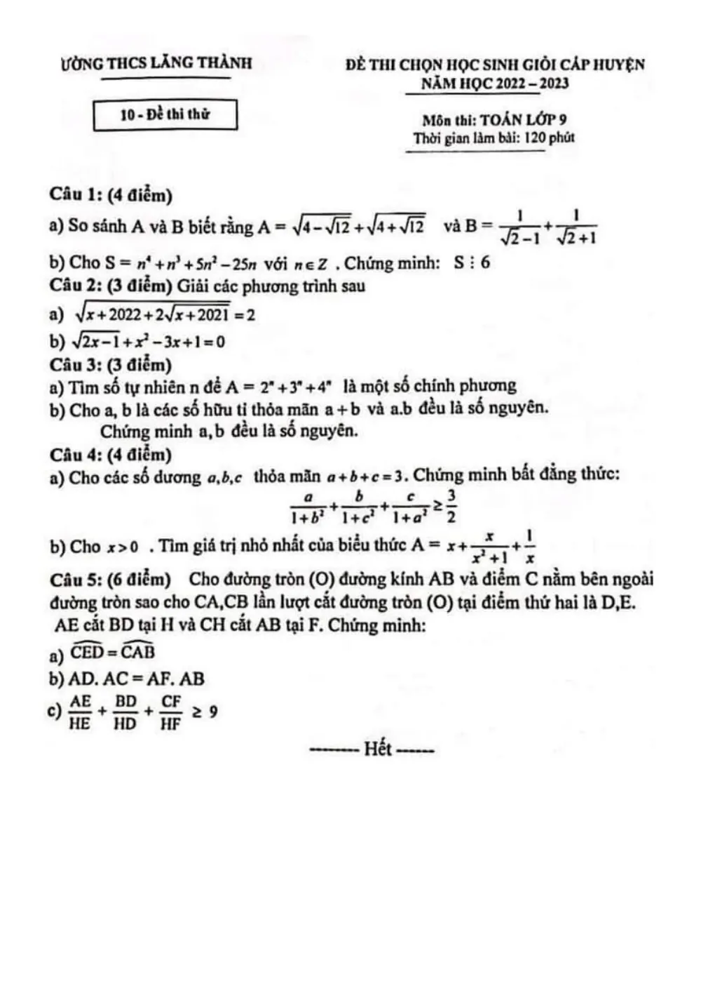 Xem trước trang 1 của "Đề Thi Thử Học Sinh Giỏi Huyện Toán 9 Năm 2022-2023 - THCS Lãng Thành - Nghệ An"