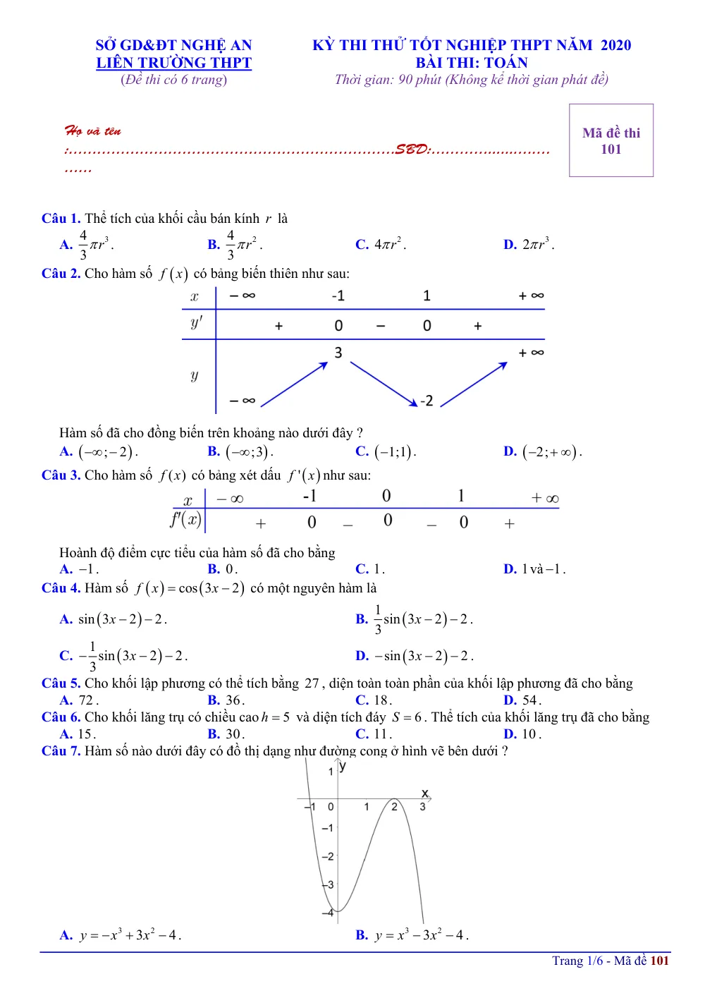 Xem trước trang 1 của "Đề thi thử Tốt nghiệp THPT 2020 - Môn Toán - Liên trường THPT Nghệ An"