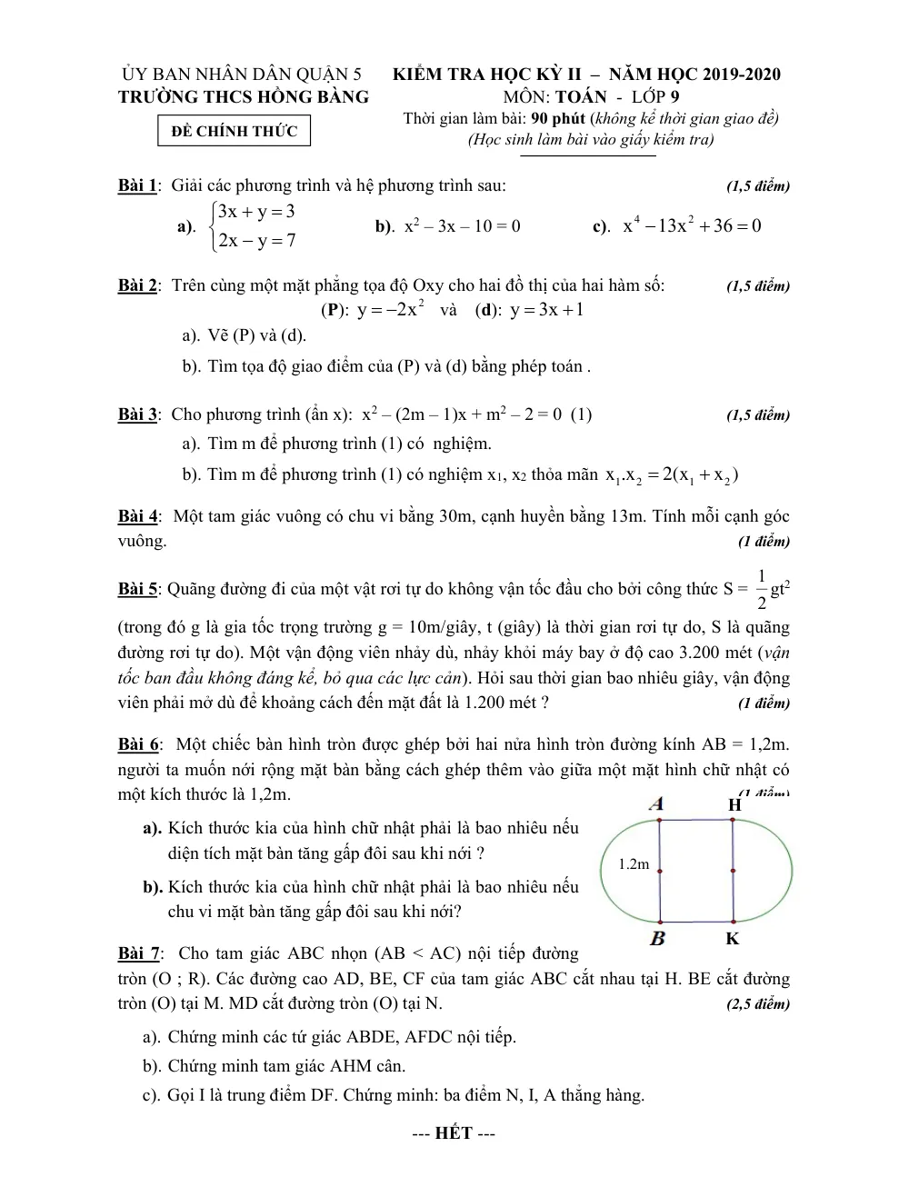 Xem trước trang 1 của "Đề thi HK2 Toán 9 - Năm học 2019-2020 - Trường THCS Hồng Bàng - Quận 5 - TP. Hồ Chí Minh"