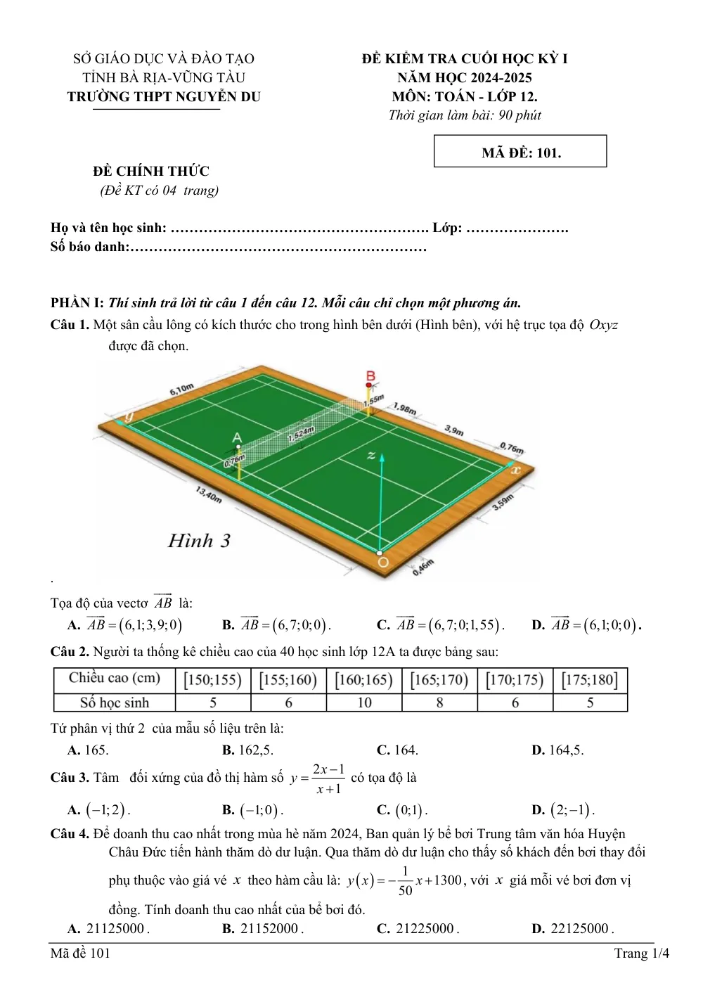 Xem trước trang 1 của "Đề Kiểm Tra Cuối Học Kỳ 1 Toán 12 - Năm học 2024-2025 - Trường THPT Nguyễn Du - Tỉnh Bà Rịa-Vũng Tàu"
