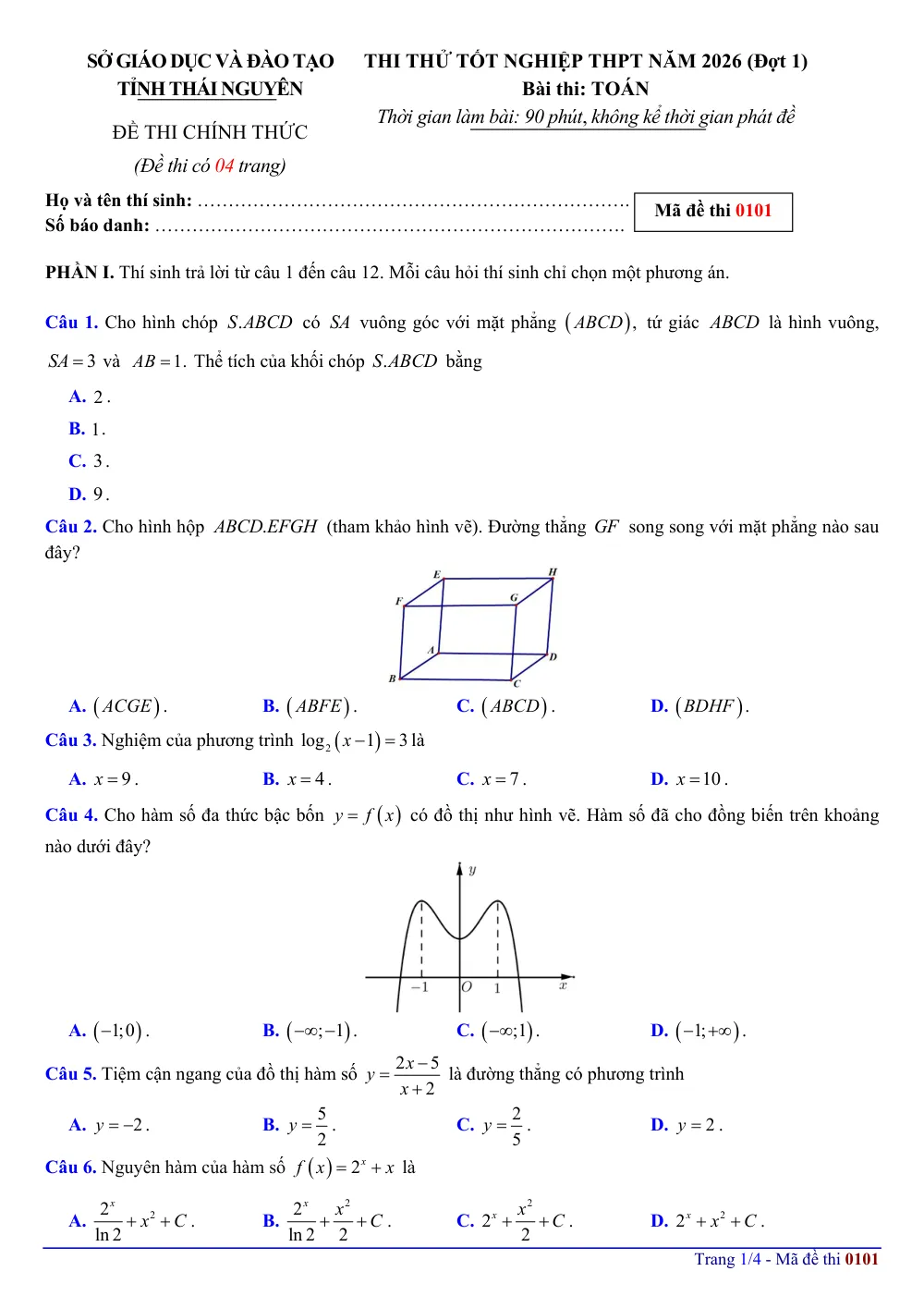 Xem trước trang 1 của "Đề Thi Thử Tốt Nghiệp THPT 2026 - Môn Toán (Đợt 1) - Tỉnh Thái Nguyên"