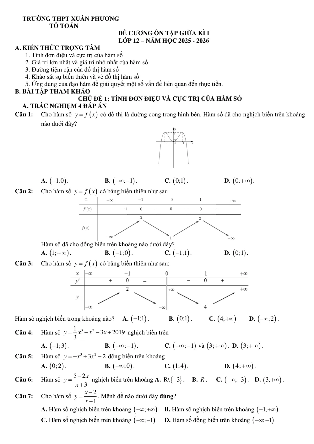 Xem trước trang 1 của "Đề Cương Ôn Tập Giữa Kì I Toán 12 - Năm học 2025-2026 - Trường THPT Xuân Phương - Hà Nội"