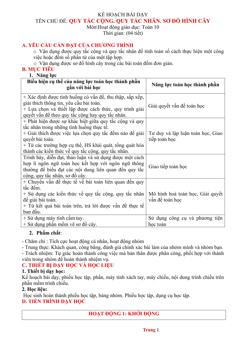 Xem trước trang 1 của "Toán 10 - Học kỳ 2 - Quy tắc Cộng, Quy tắc Nhân, Sơ đồ Hình Cây"