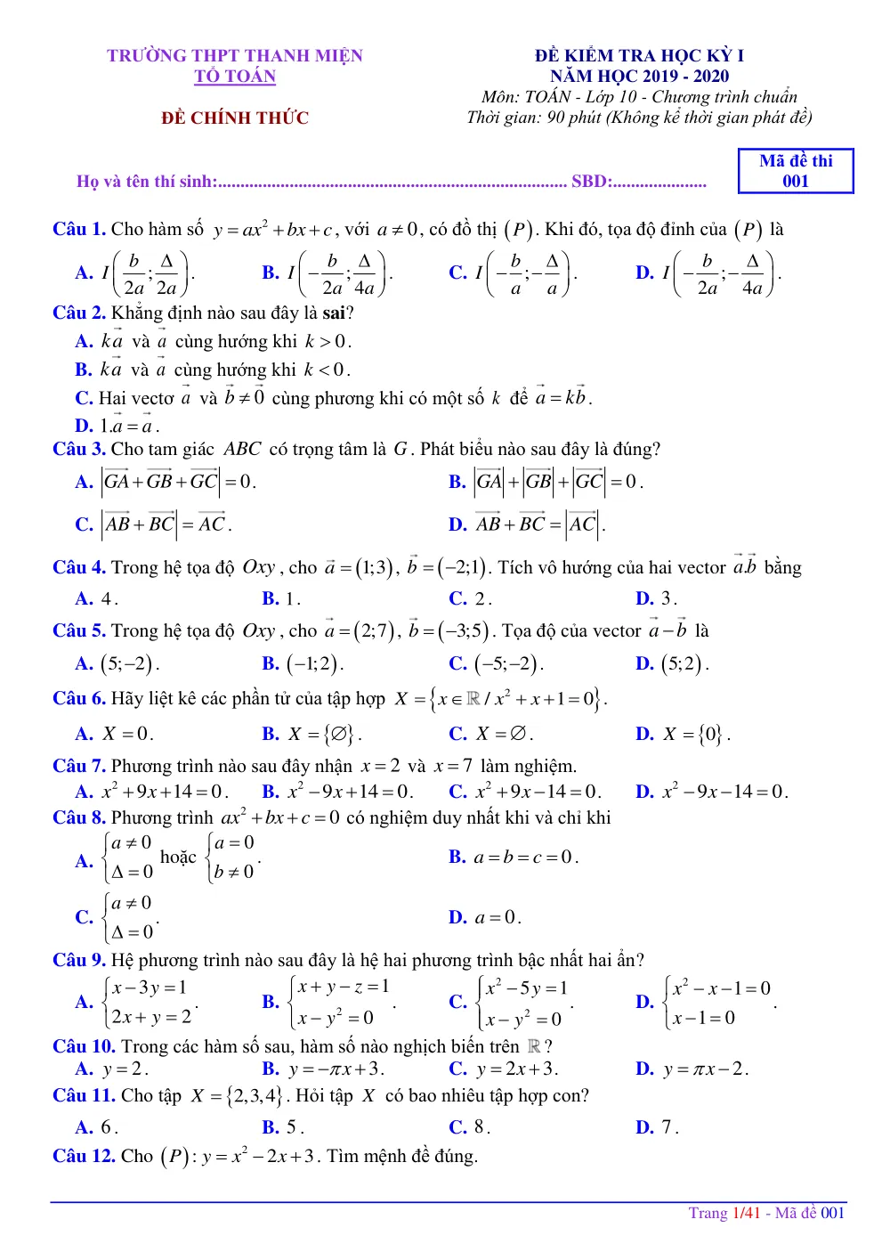 Xem trước trang 1 của "Đề Kiểm Tra Học Kỳ I Toán 10 - Năm học 2019-2020 - Trường THPT Thanh Miện - Hải Dương"