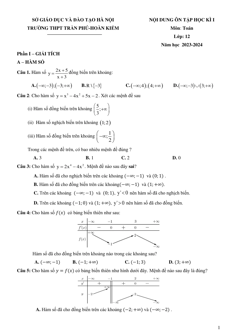 Xem trước trang 1 của "Nội dung ôn tập học kì 1 - Toán 12 - Trường THPT Trần Phú - Hà Nội (Năm học 2023-2024)"