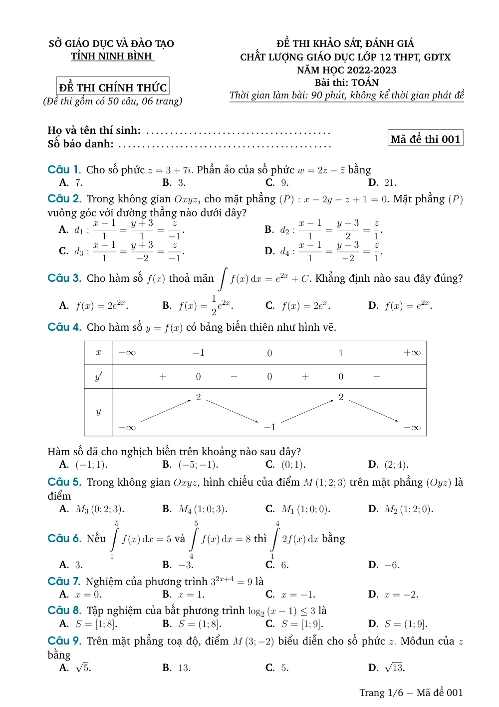 Xem trước trang 1 của "Đề Khảo Sát Chất Lượng Lớp 12 - Môn Toán - Năm 2023 (Sở GDĐT Ninh Bình)"