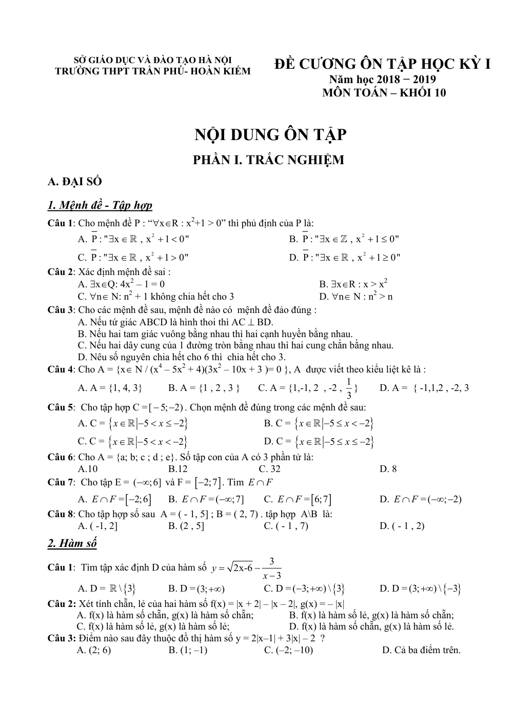 Xem trước trang 1 của "Đề Cương Ôn Tập Học Kỳ I - Toán 10 - Năm học 2018-2019 - Trường THPT Trần Phú - Hà Nội"