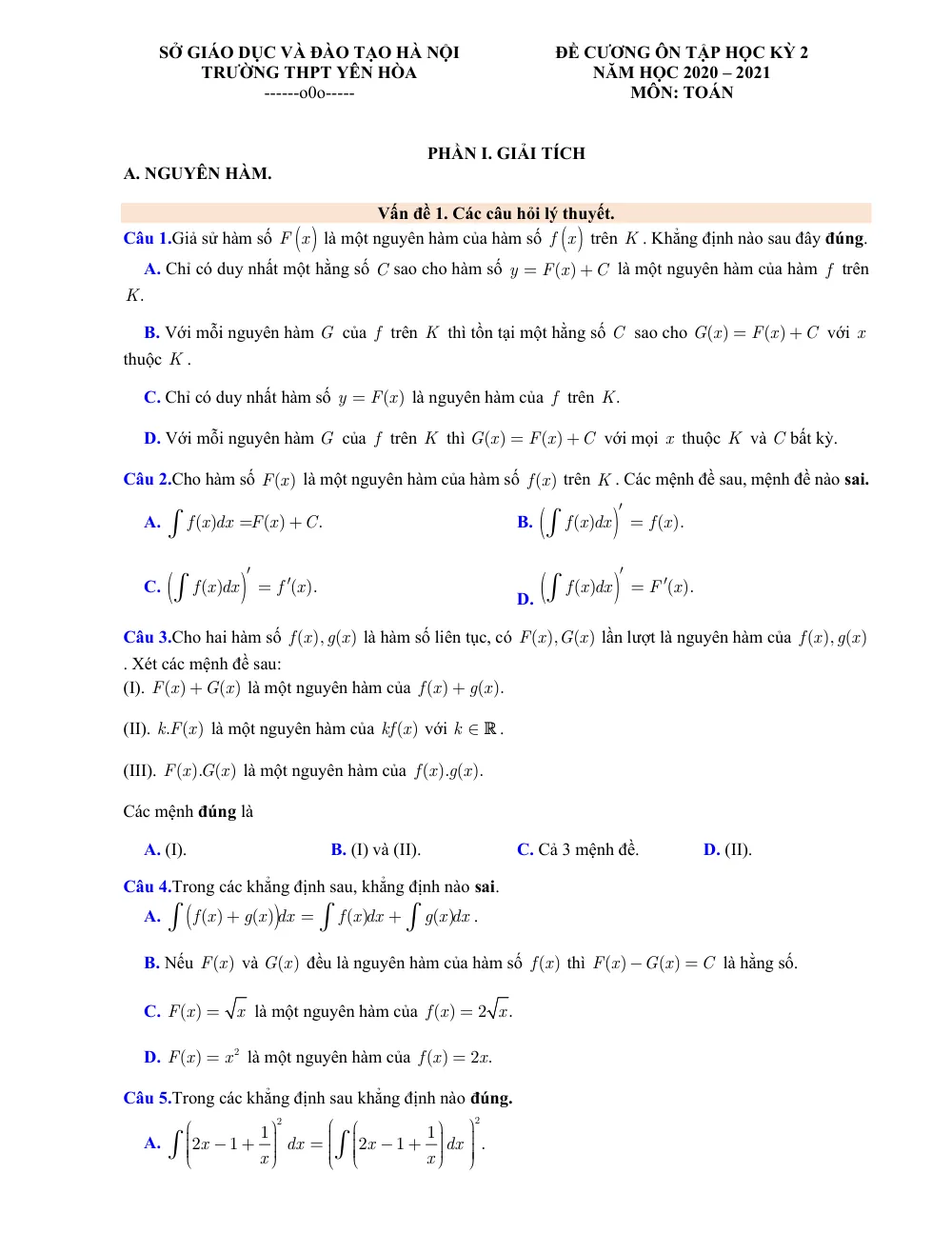 Xem trước trang 1 của "Đề Cương Ôn Tập Học Kỳ 2 Toán 12 - Trường THPT Yên Hòa - Năm học 2020-2021 - Hà Nội"