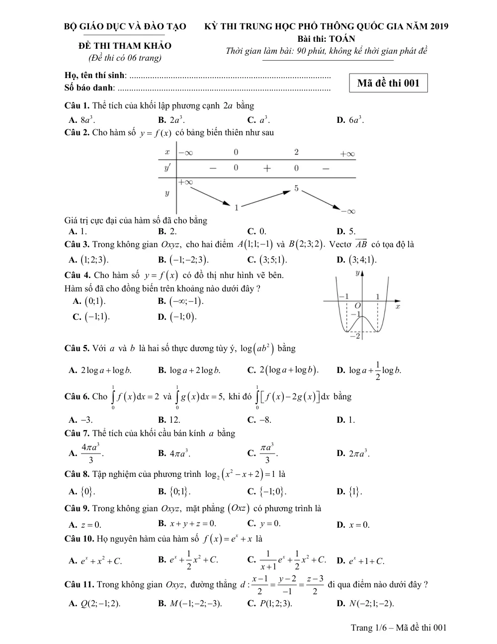 Xem trước trang 1 của "Đề thi tham khảo Kỳ thi THPT Quốc gia 2019 - Môn Toán - Lớp 12"