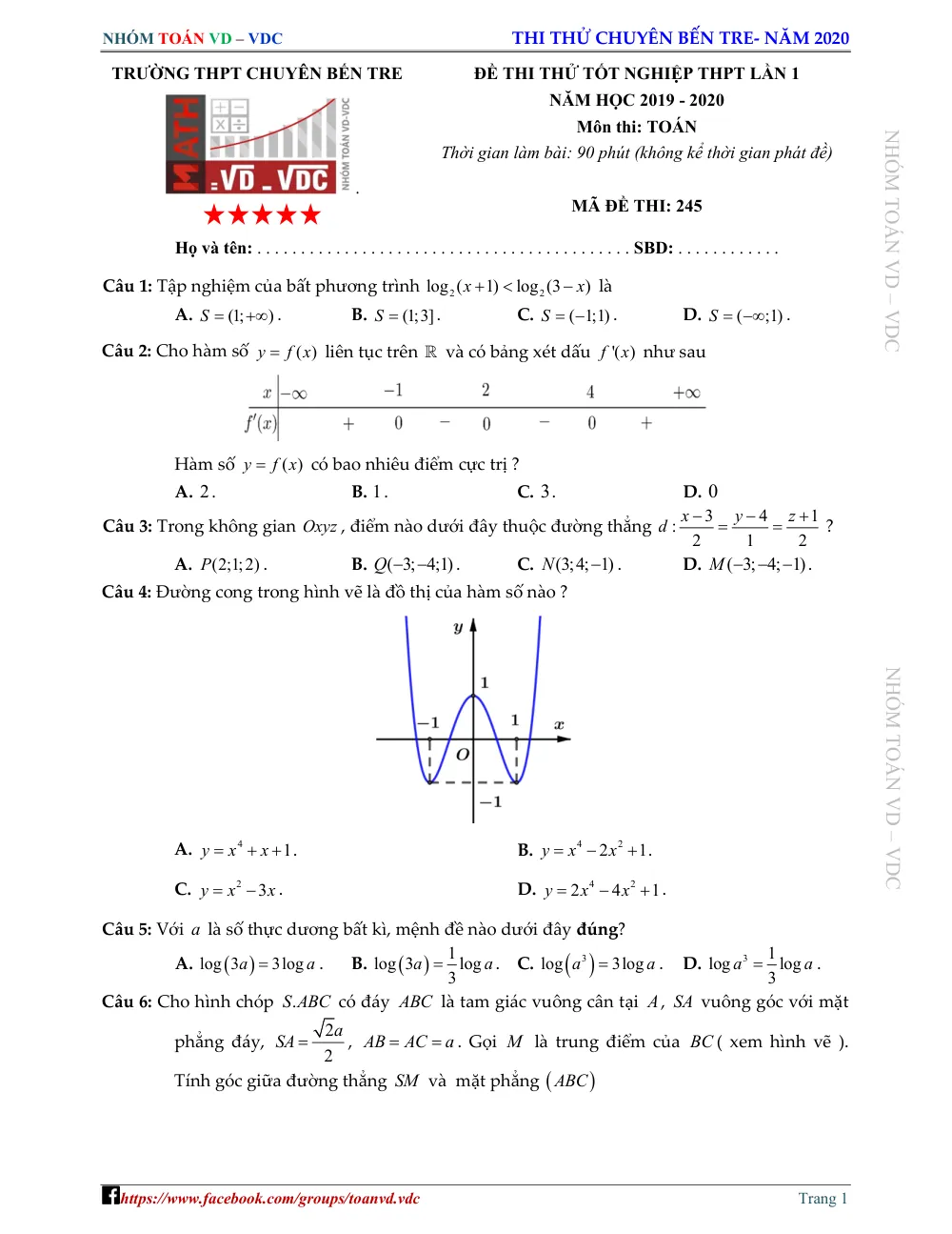 Xem trước trang 1 của "Đề Thi Thử Tốt Nghiệp THPT 2020 - Môn Toán Lần 1 - Trường THPT Chuyên Bến Tre"