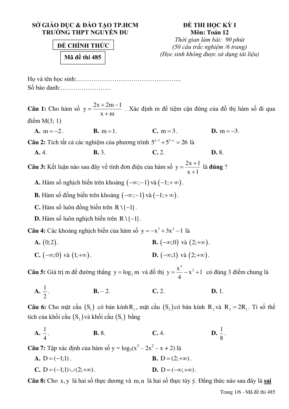 Xem trước trang 1 của "Đề Thi HK1 Toán 12 - Trường THPT Nguyễn Du - TP. Hồ Chí Minh"
