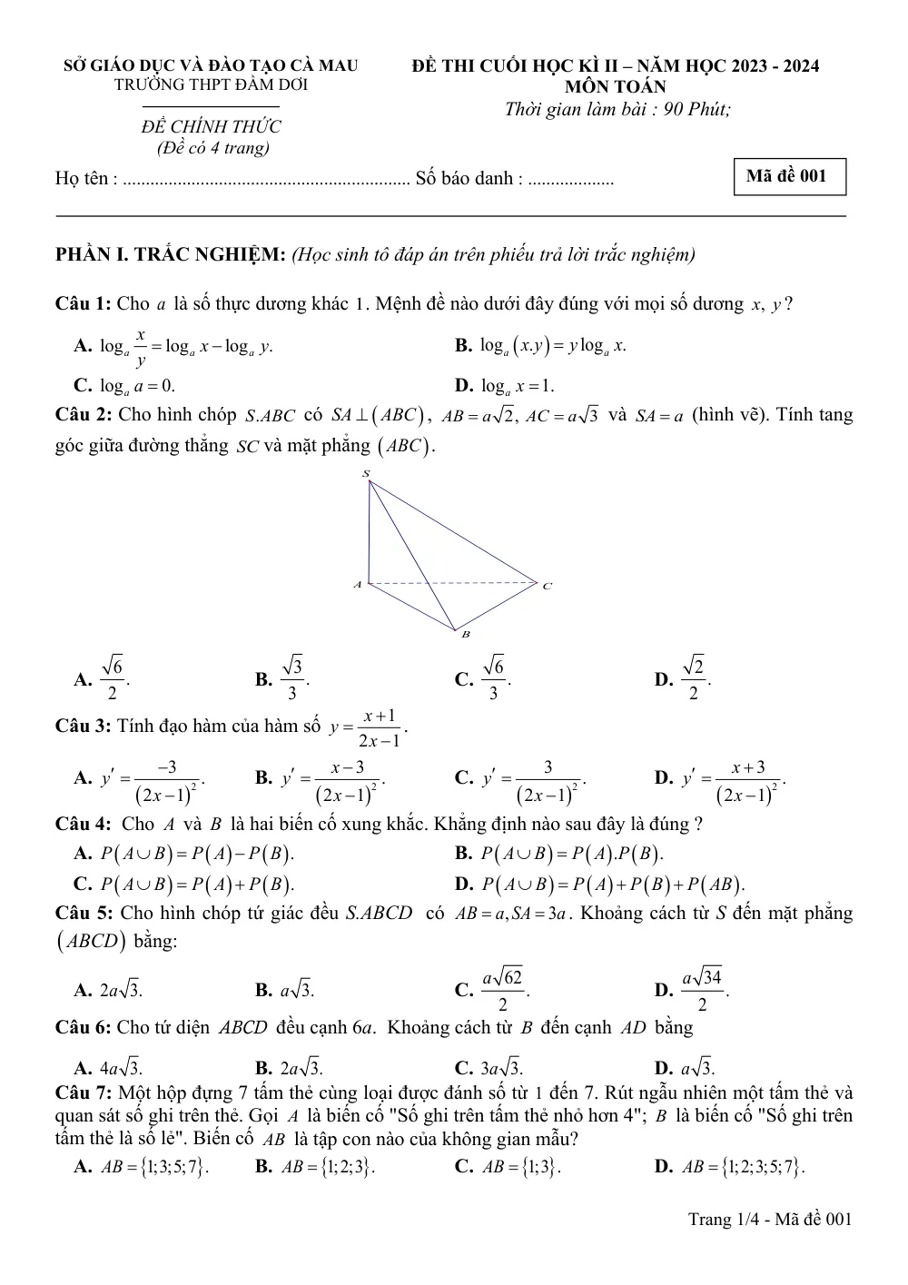 Xem trước trang 1 của "Đề thi cuối học kì 2 Toán 11 năm 2024 - Trường THPT Đầm Dơi - Cà Mau"