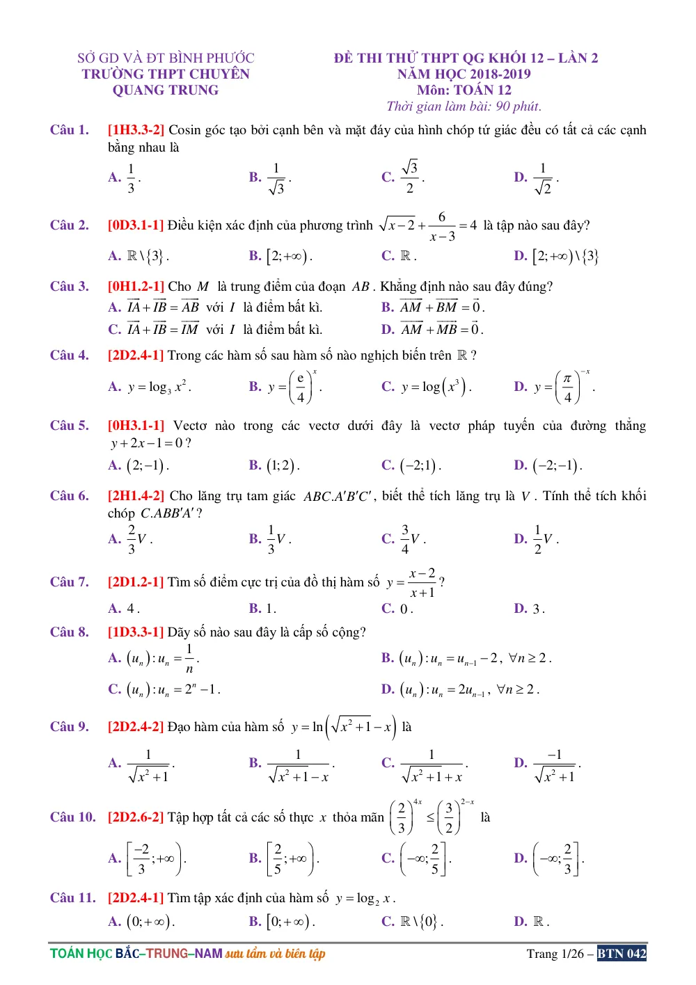 Xem trước trang 1 của "Đề Thi Thử THPT QG 2019 - Môn Toán Lớp 12 - Trường THPT Chuyên Quang Trung - Bình Phước (Lần 2)"