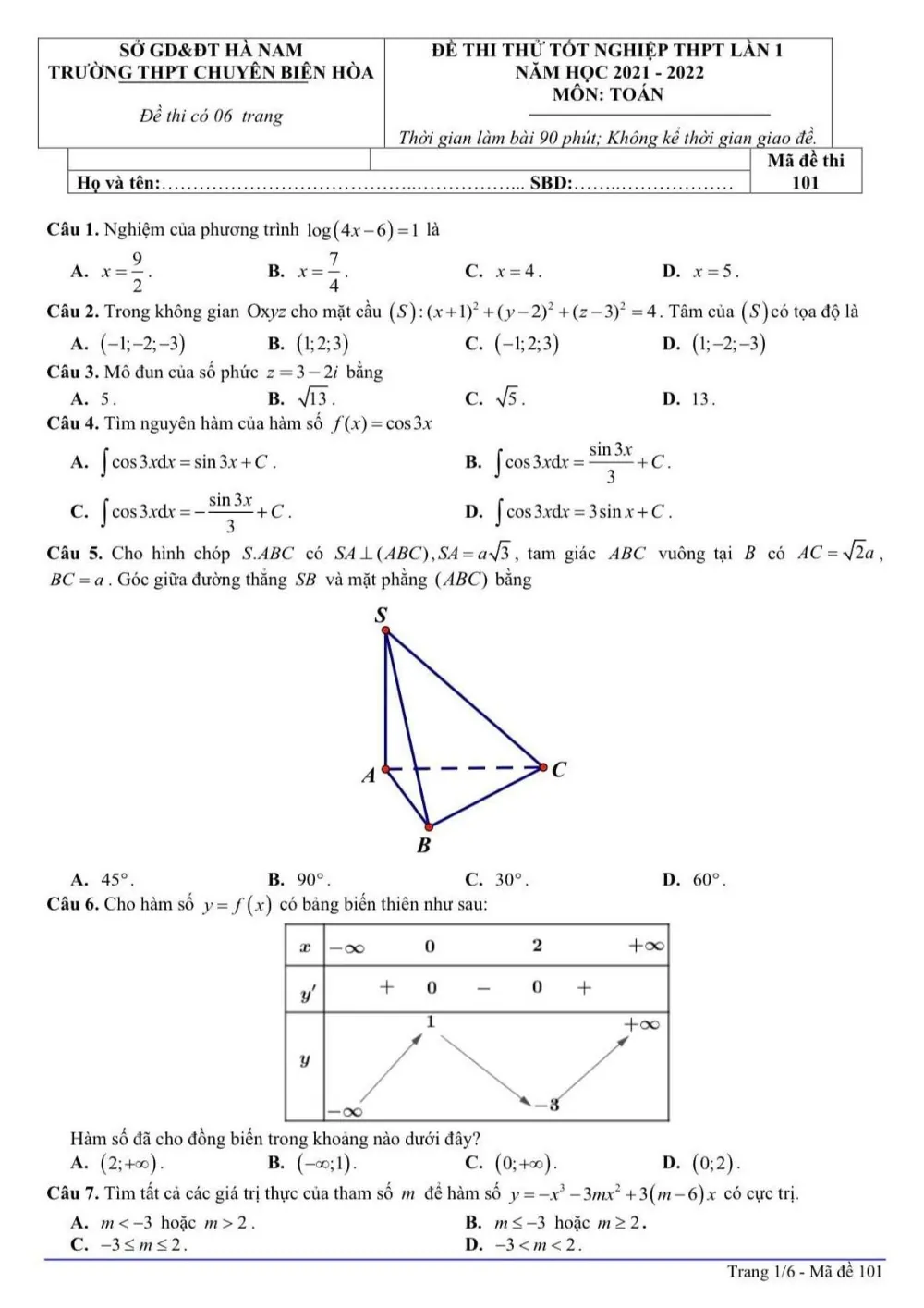 Xem trước trang 1 của "Đề thi thử Toán Tốt nghiệp THPT 2022 Lần 1 - Trường Chuyên Biên Hòa - Hà Nam"
