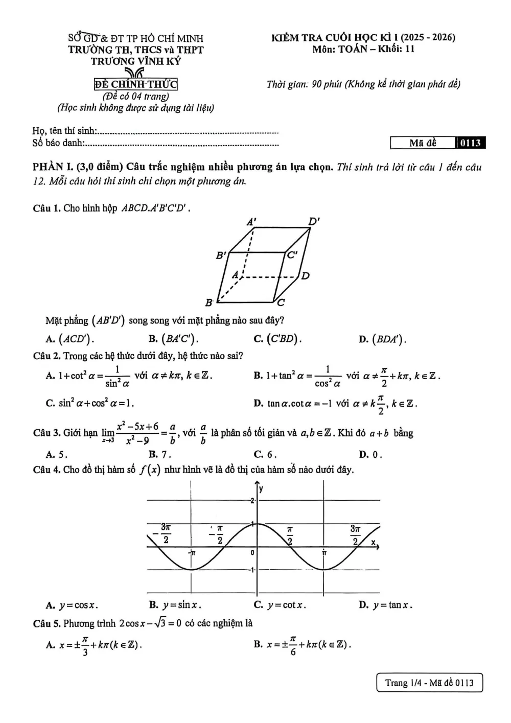 Xem trước trang 1 của "Đề cuối học kỳ 1 Toán 11 - Trường THPT Vĩnh Ký - TP. Hồ Chí Minh (2025-2026)"