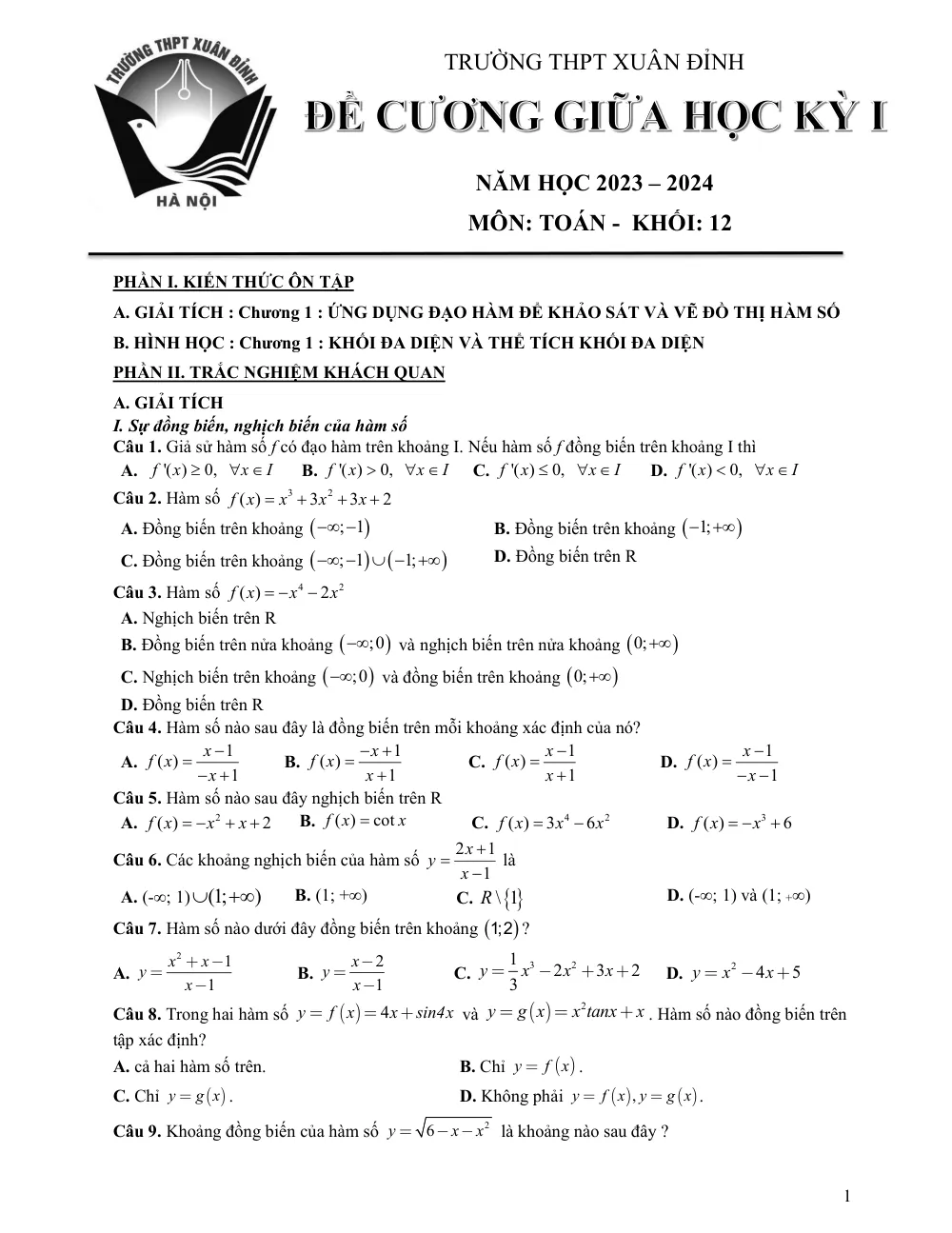 Xem trước trang 1 của "Đề cương giữa kỳ 1 Toán 12 - Năm học 2023-2024 - Trường THPT Xuân Đỉnh - Hà Nội"