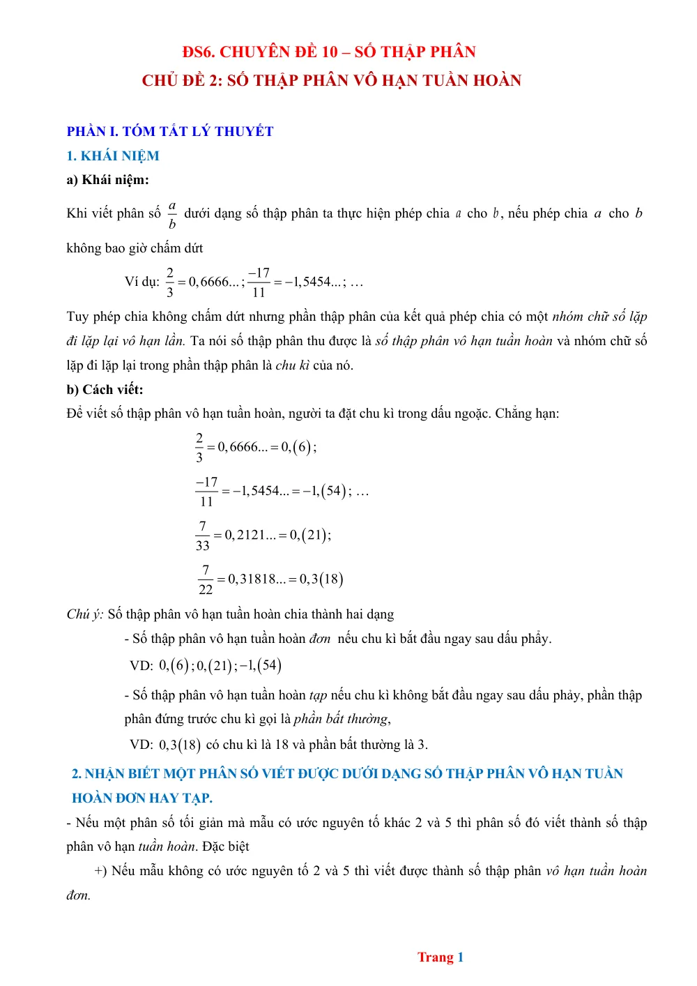 Xem trước trang 1 của "Số thập phân vô hạn tuần hoàn - Số học 6"