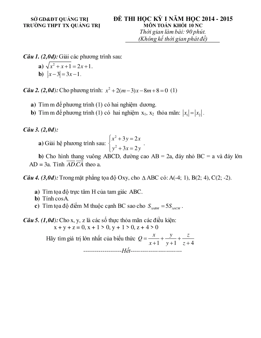 Xem trước trang 1 của "Đề thi Học kỳ 1 - Toán 10 - Trường THPT TX Quảng Trị (2014-2015)"