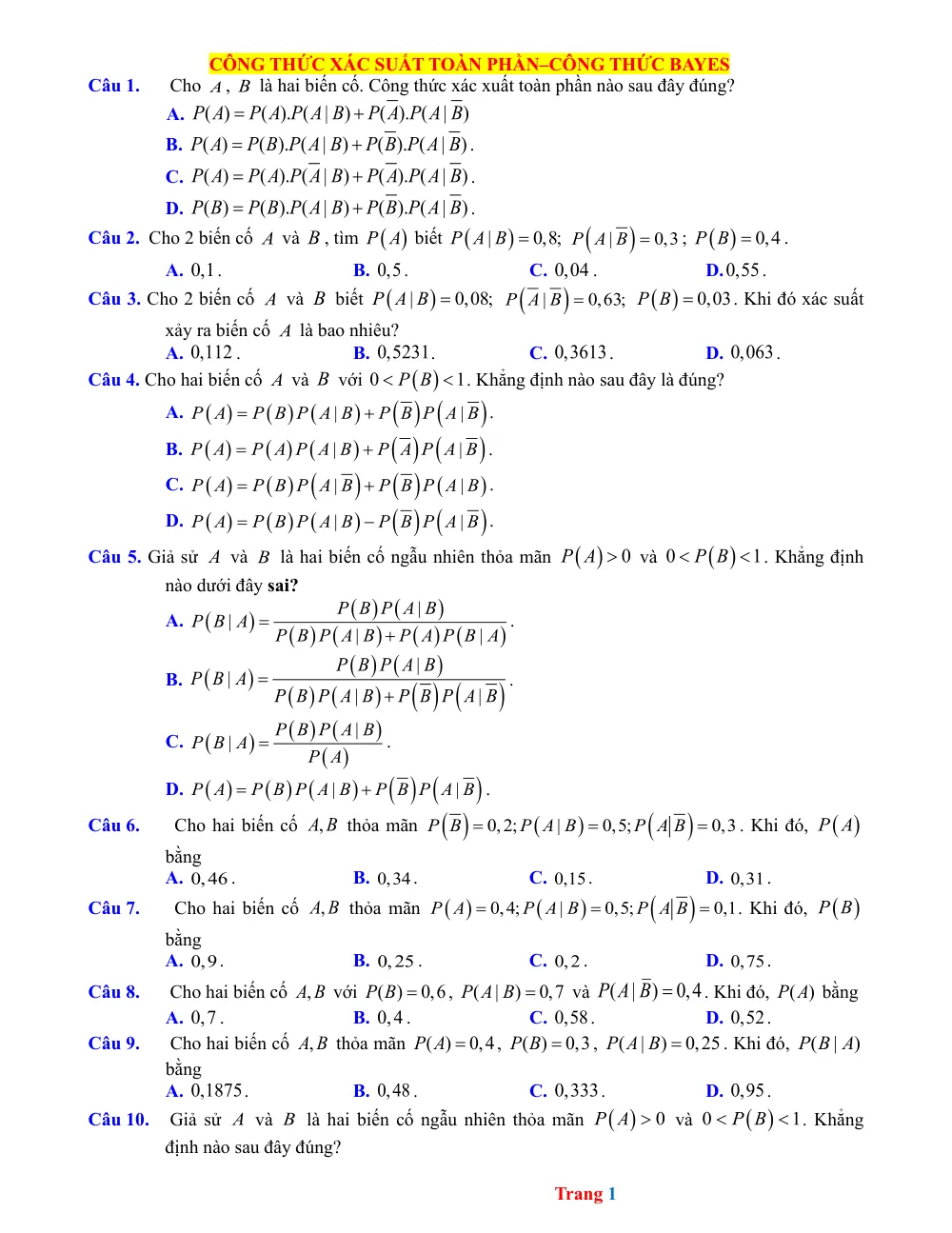 Xem trước trang 1 của "40 Câu trắc nghiệm Công thức Xác suất Toàn phần – Công thức Bayes (kèm lời giải chi tiết)"
