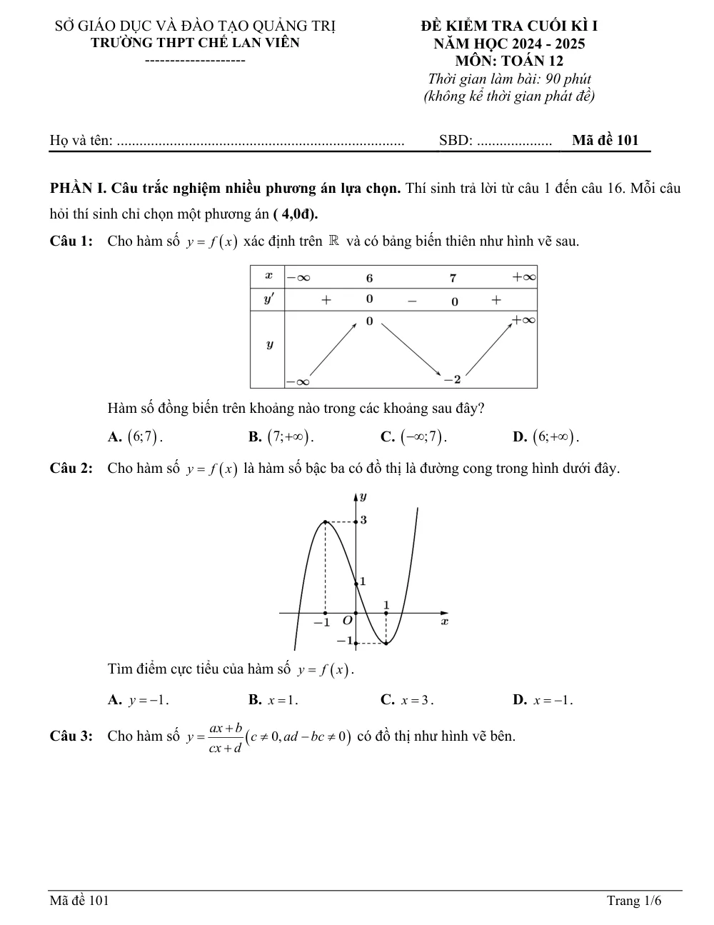 Xem trước trang 1 của "Đề Kiểm Tra Cuối Học Kỳ 1 Toán 12 - Trường THPT Chế Lan Viên Năm học 2024-2025 - Quảng Trị"