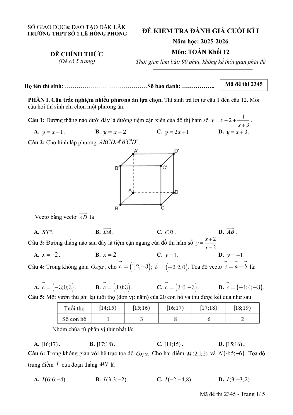 Xem trước trang 1 của "Đề kiểm tra đánh giá cuối học kỳ 1 Toán 12 - Trường THPT Số 1 Lê Hồng Phong năm học 2025-2026"