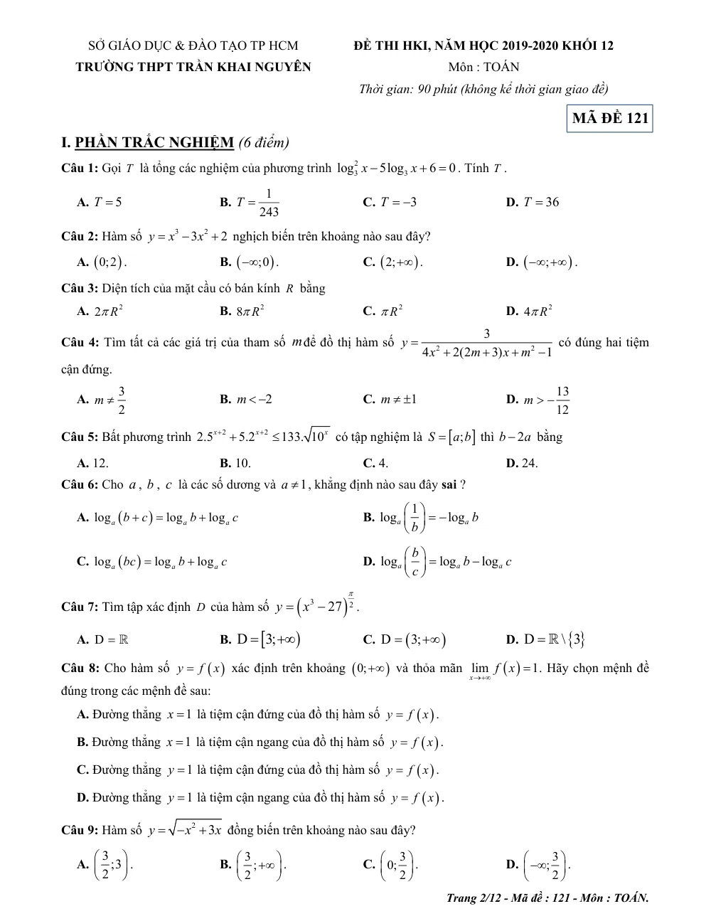 Xem trước trang 1 của "Đề thi học kỳ 1 Toán 12 - Trường THPT Trần Khai Nguyên - TP. Hồ Chí Minh (2019-2020)"