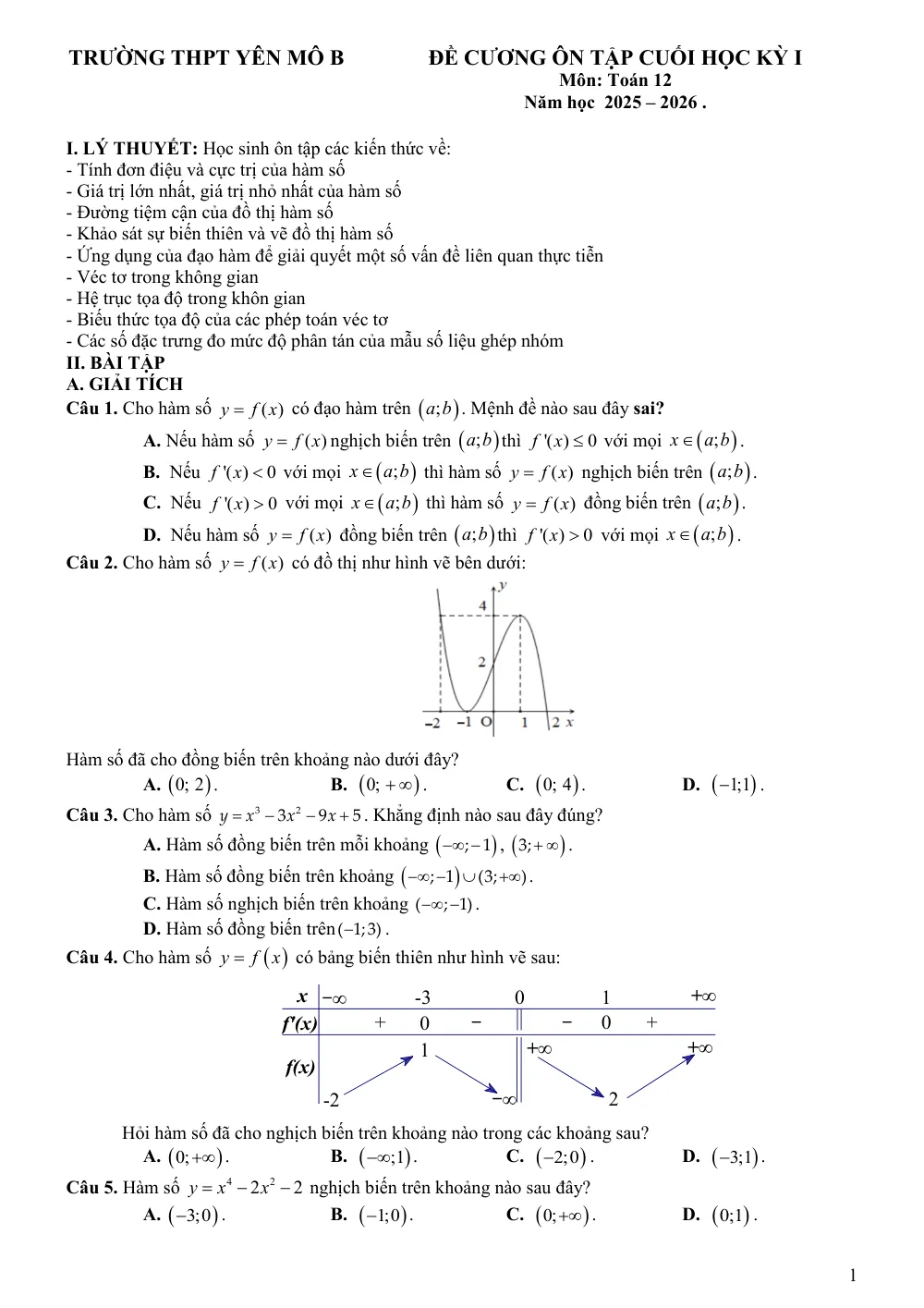 Xem trước trang 1 của "Đề cương Ôn tập Cuối học kỳ 1 - Toán 12 - Trường THPT Yên Mô B - Năm học 2025-2026"