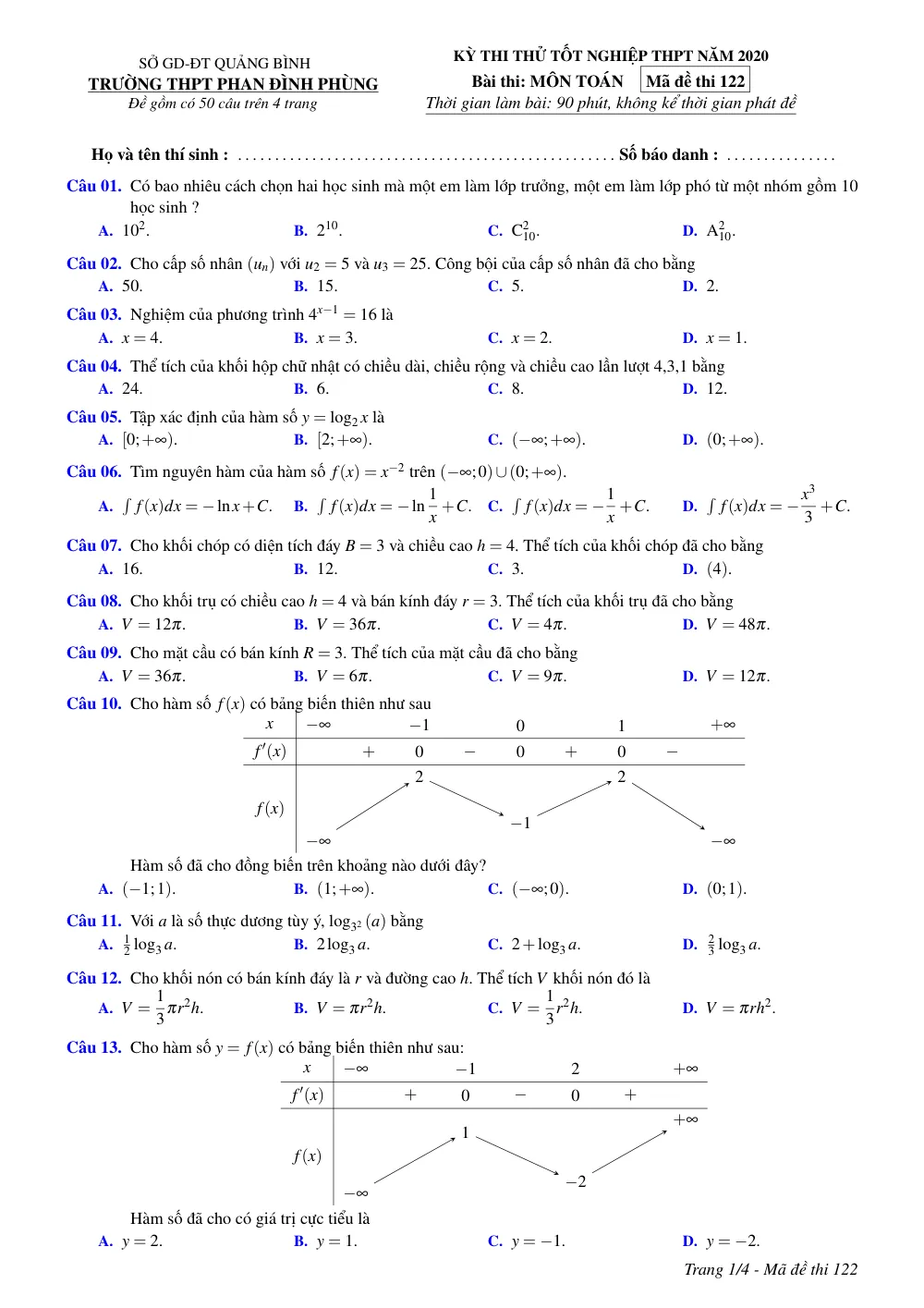 Xem trước trang 1 của "Đề thi thử Tốt nghiệp THPT 2020 - Môn Toán - Trường THPT Phan Đình Phùng - Quảng Bình"
