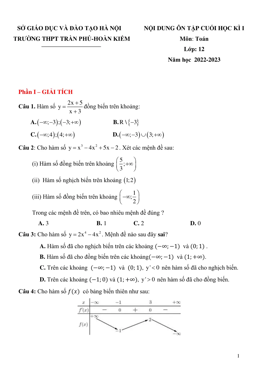 Xem trước trang 1 của "Nội dung ôn tập cuối học kì 1 Toán 12 - Trường THPT Trần Phú - Hà Nội (2022-2023)"