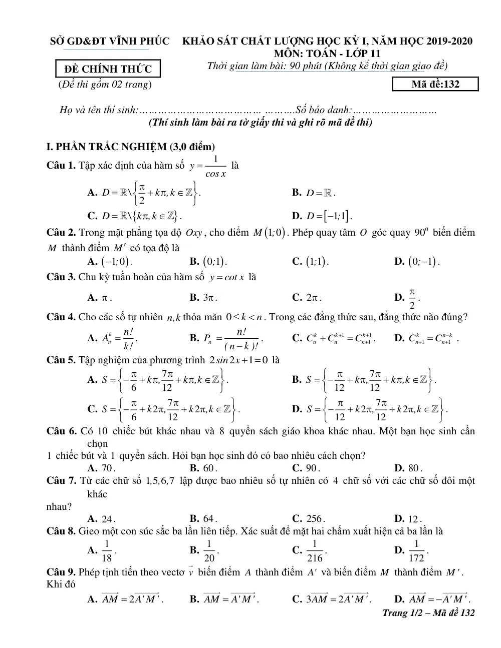 Xem trước trang 1 của "Đề thi học kỳ 1 Toán 11 - Năm học 2019-2020 - Sở GD&ĐT Vĩnh Phúc"