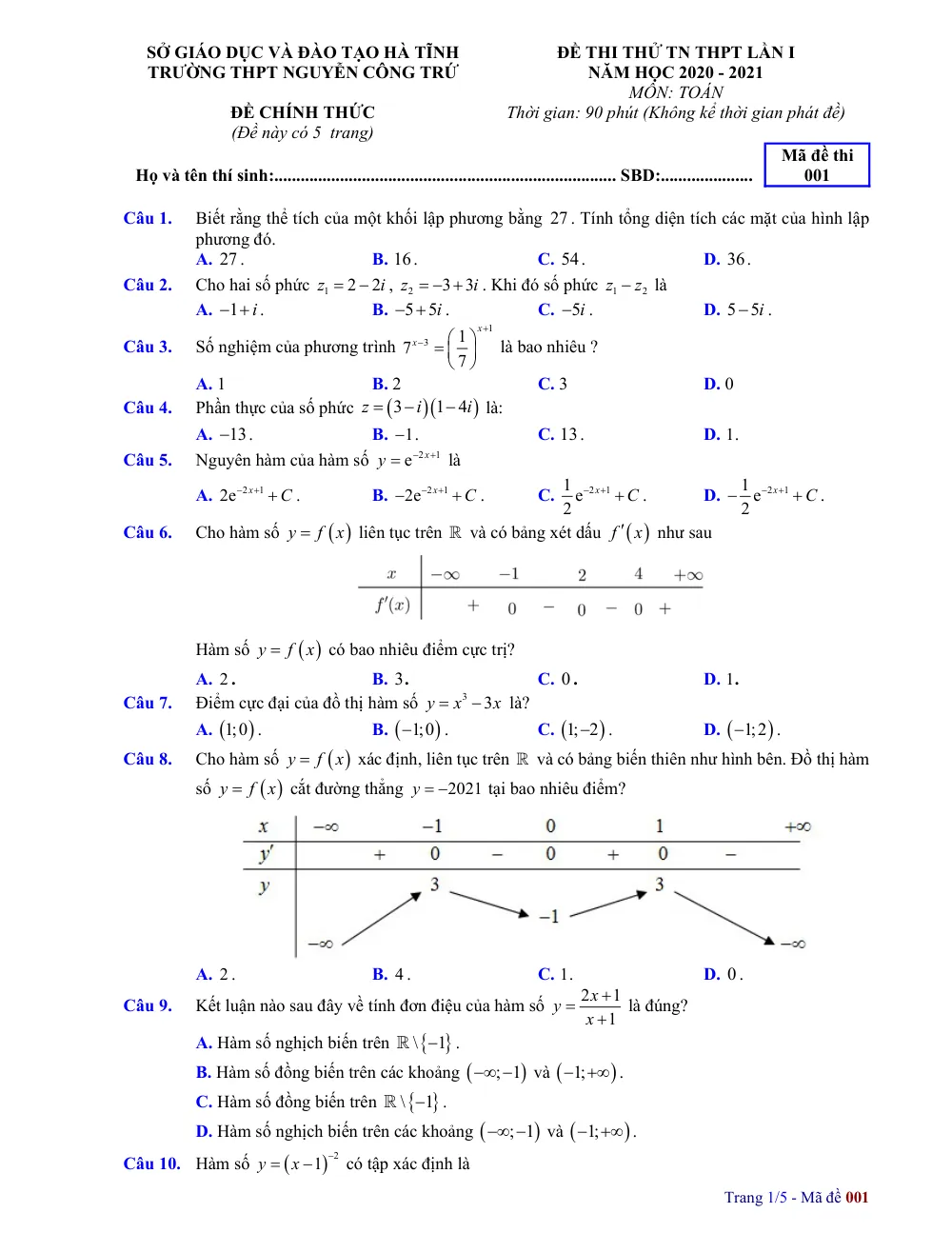 Xem trước trang 1 của "Đề Thi Thử Toán TN THPT Lần 1 - Trường THPT Nguyễn Công Trứ - Hà Tĩnh Năm học 2020-2021"