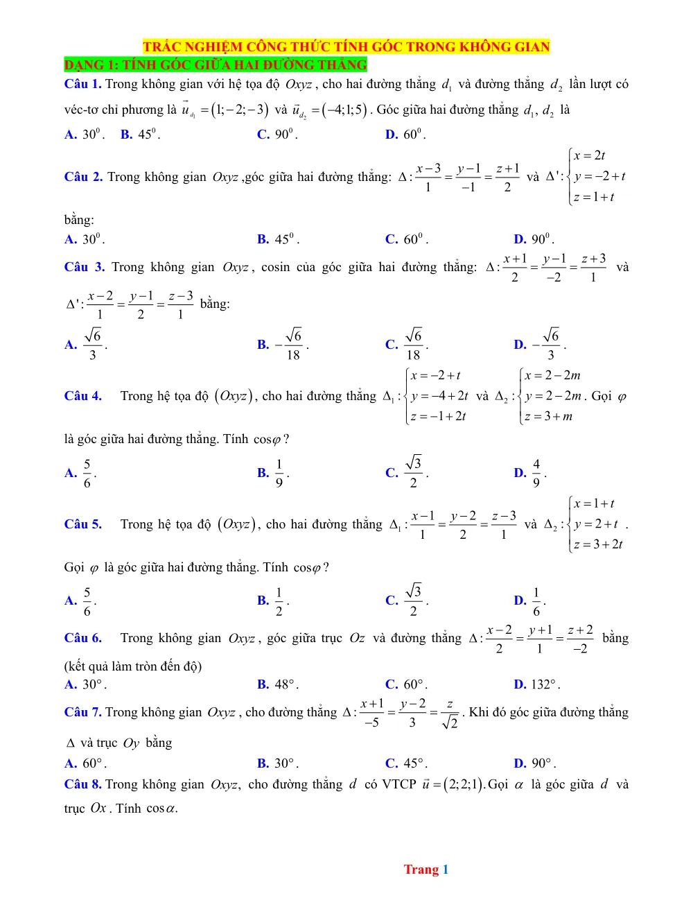 Xem trước trang 1 của "40 - Trắc Nghiệm Công Thức Tính Góc Trong Không Gian - Lời Giải Chi Tiết"