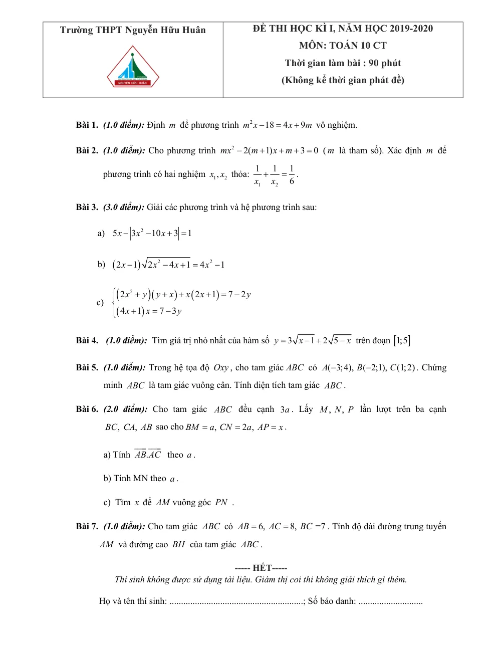 Xem trước trang 1 của "Đề Thi Học Kì 1 Toán 10 - Năm học 2019-2020 - Trường THPT Nguyễn Hữu Huân - TP. Hồ Chí Minh"