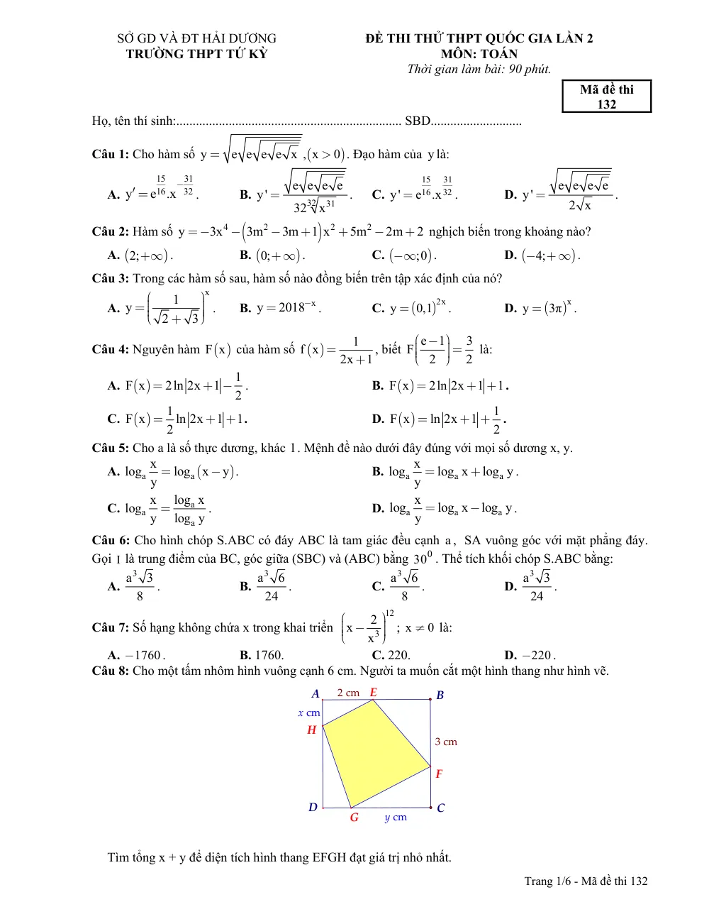 Xem trước trang 1 của "Đề Thi Thử THPT Quốc Gia 2018 - Trường THPT Tứ Kỳ - Hải Dương (Lần 2)"