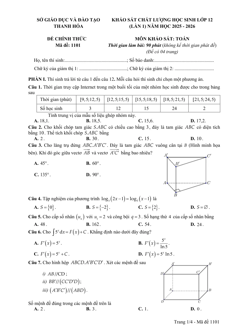 Xem trước trang 1 của "Khảo Sát Chất Lượng Lớp 12 - Toán (Lần 1) - Năm học 2025-2026 - Sở GDĐT Thanh Hóa"