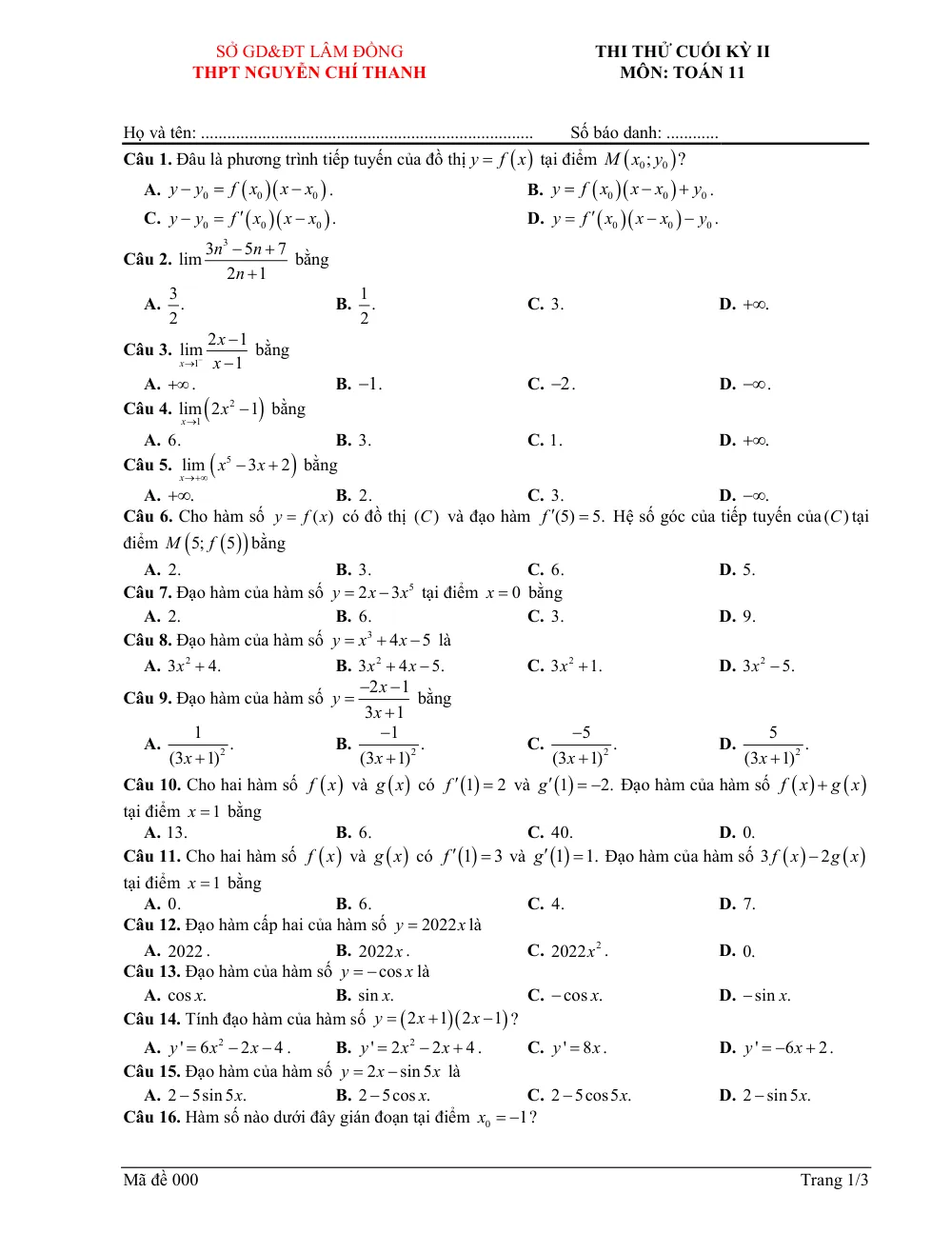 Xem trước trang 1 của "Đề Thi Thử Cuối Kỳ II Toán 11 - Trường THPT Nguyễn Chí Thanh - Lâm Đồng (2022-2023)"