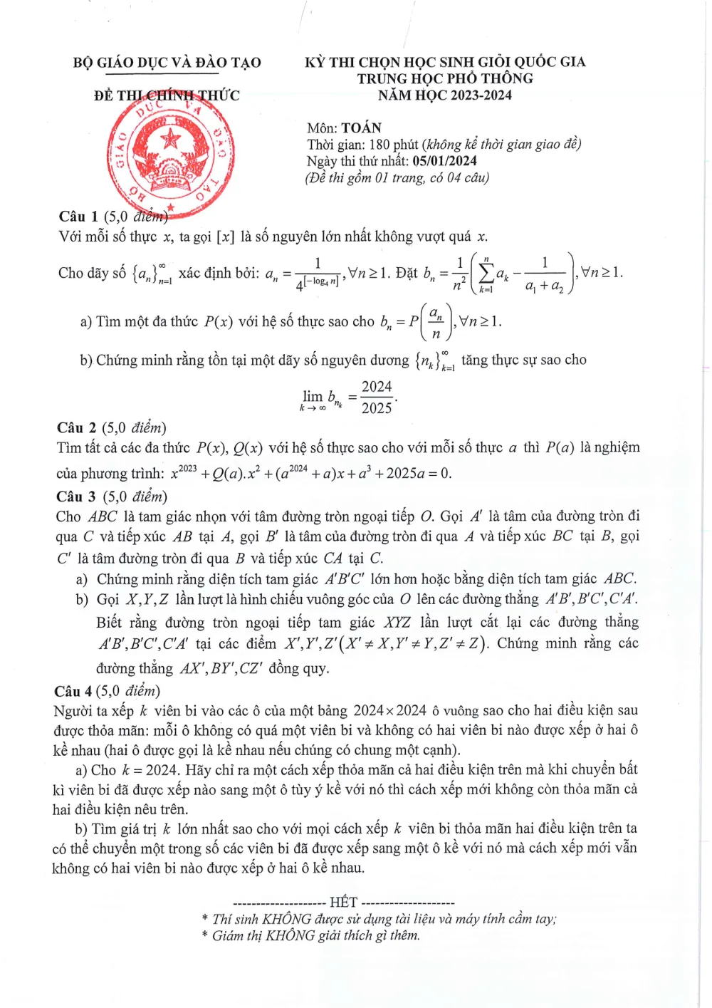 Xem trước trang 1 của "Đề thi chọn Học sinh giỏi Quốc gia môn Toán THPT - Năm học 2023-2024"