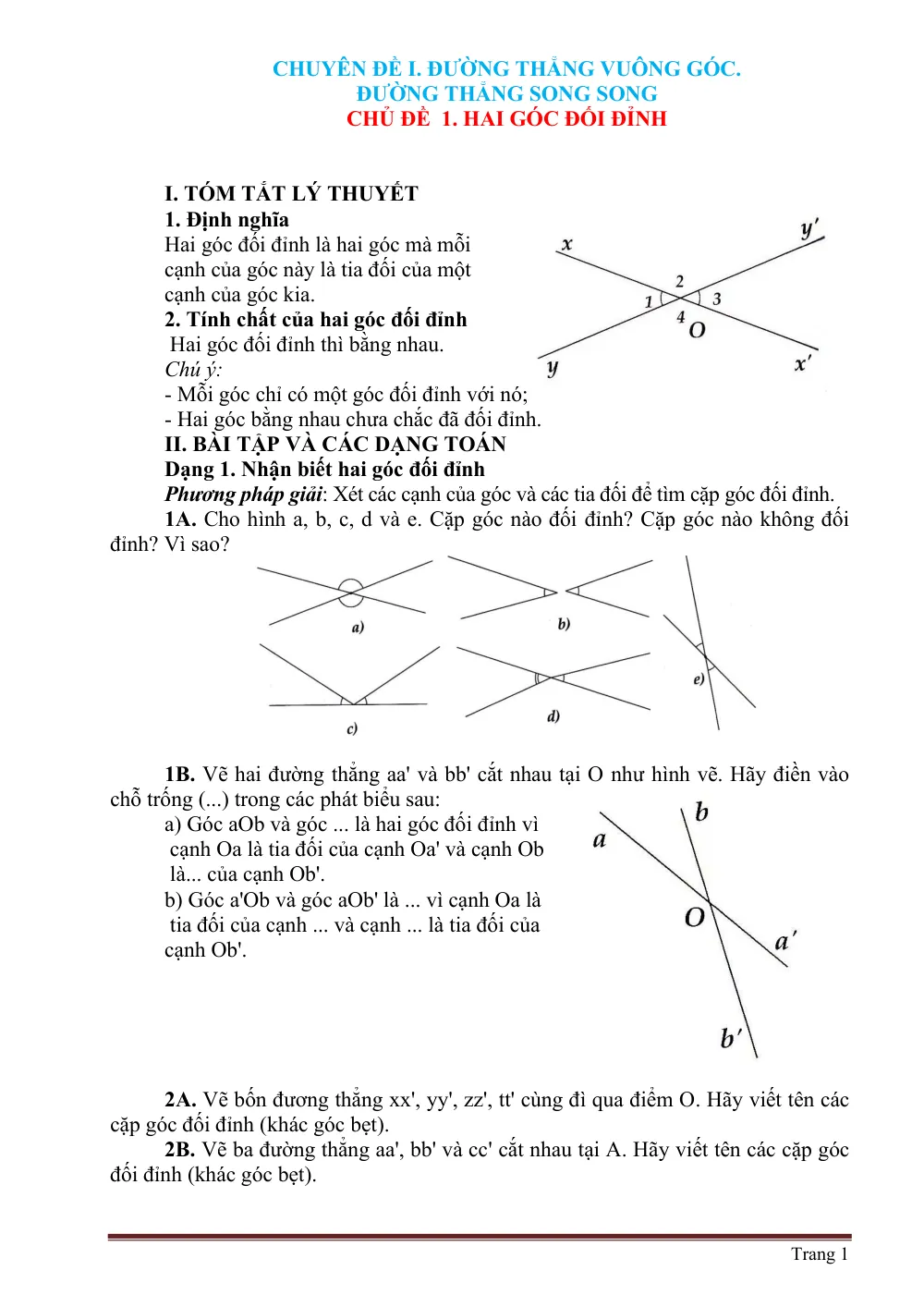 Xem trước trang 1 của "Chuyên Đề I. Đường Thẳng Vuông Góc. Đường Thẳng Song Song Chủ Đề 1. Hai Góc Đối Đỉnh - Bài Tập Hình 7 HK 1"