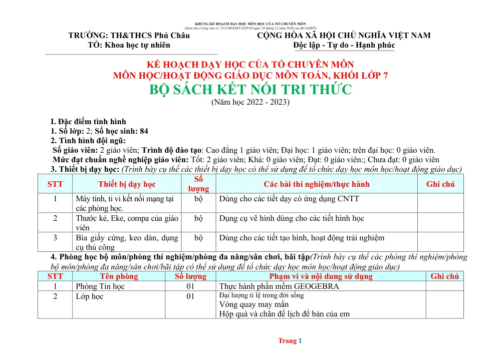 Xem trước trang 1 của "Kế hoạch dạy học môn Toán lớp 7 - Bộ sách Kết nối tri thức - Năm học 2022-2023 - TH&THCS Phú Châu"