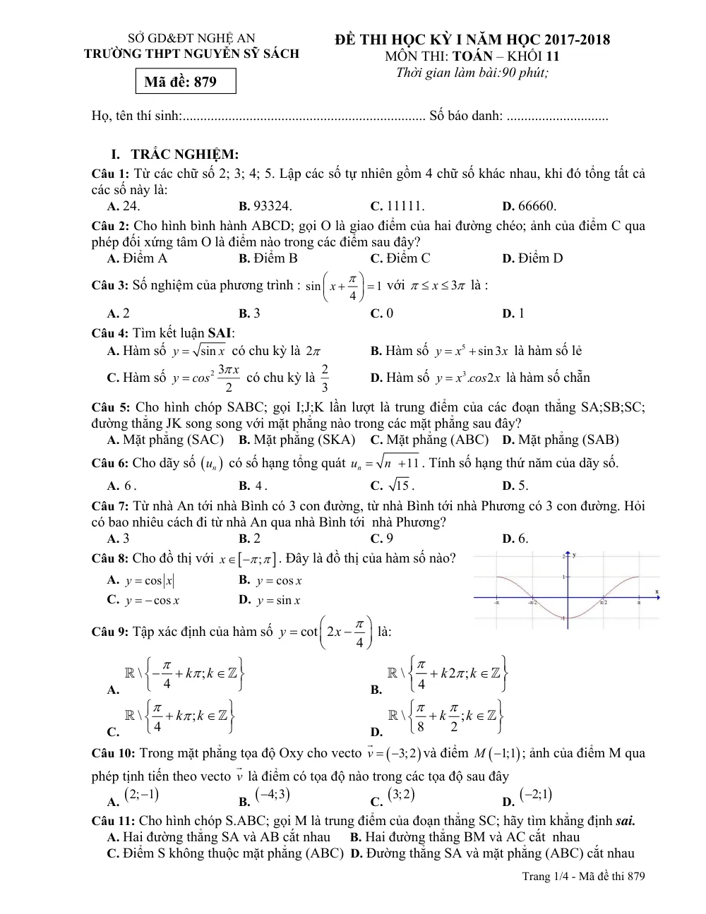 Xem trước trang 1 của "Đề thi học kỳ I Toán 11 - Năm học 2017-2018 - Trường THPT Nguyễn Sỹ Sách - Nghệ An"