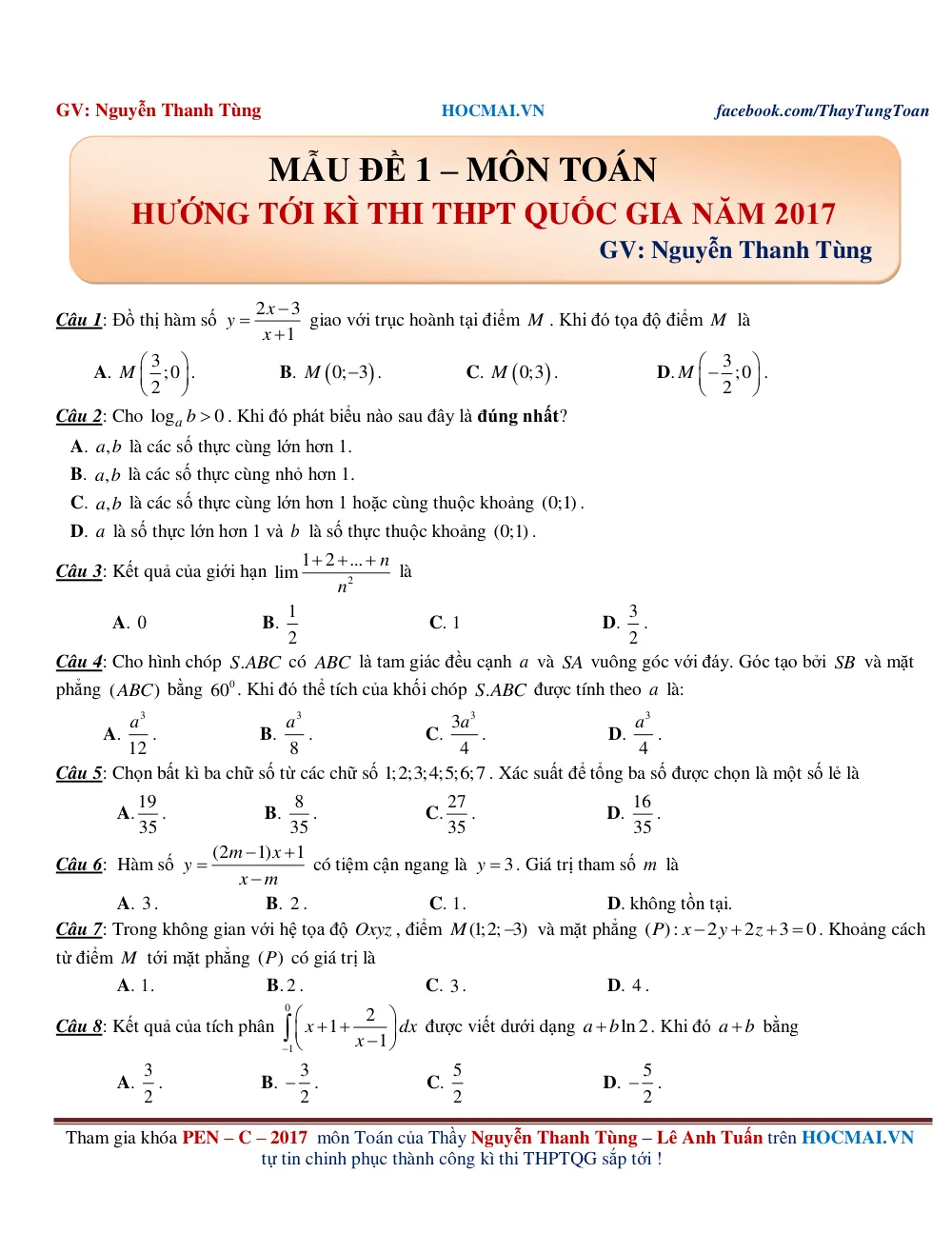 Xem trước trang 1 của "Đề thi thử THPT Quốc gia 2017 - Môn Toán Lần 1 - Nguyễn Thanh Tùng"