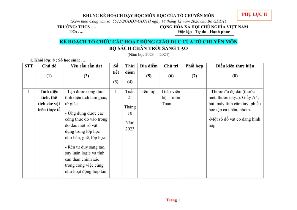 Xem trước trang 1 của "Phụ lục 2 - Toán 8 CTST - Năm học 2023 - 2024"
