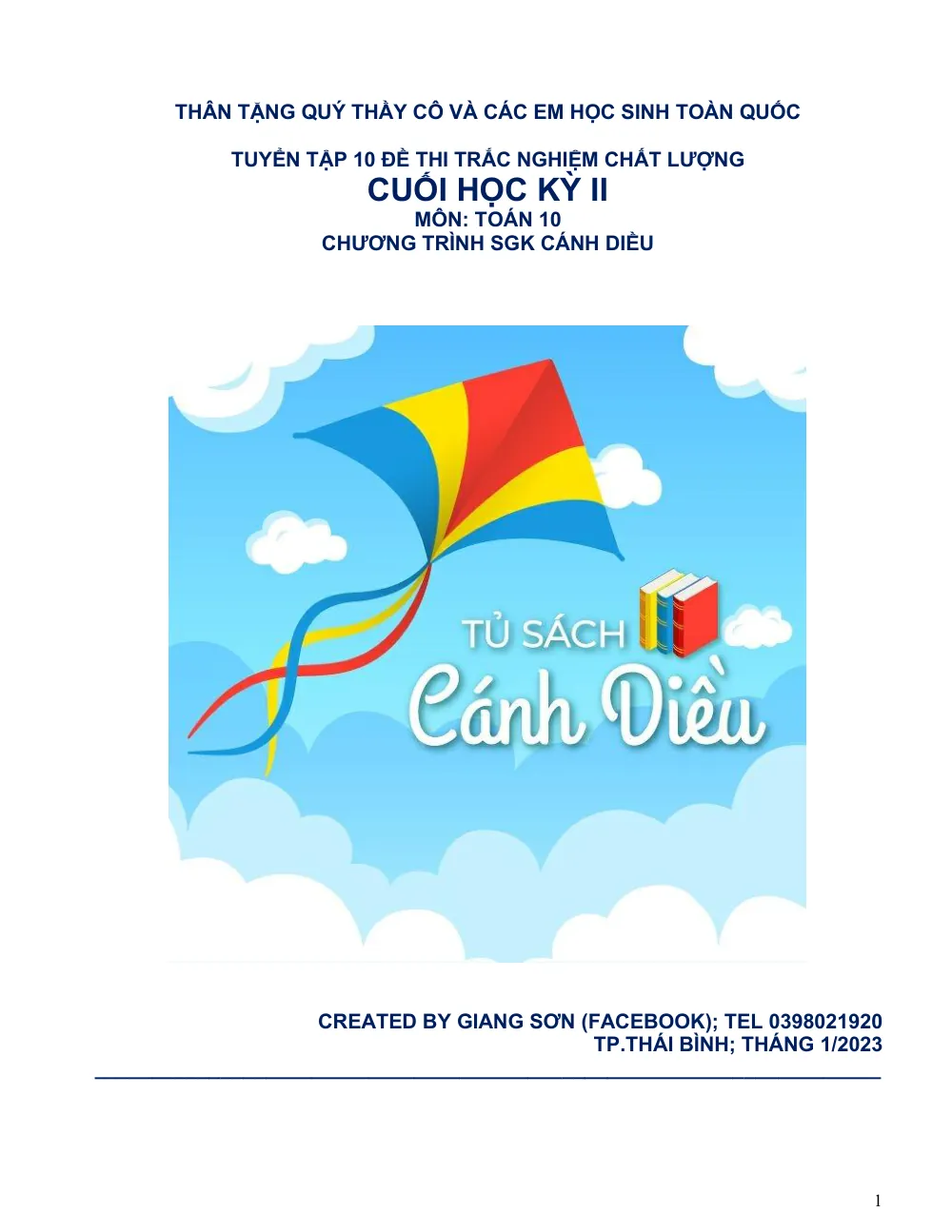 Xem trước trang 1 của "Tuyển tập 10 đề thi trắc nghiệm cuối học kỳ 2 môn Toán 10 - Cánh Diều - Thái Bình"