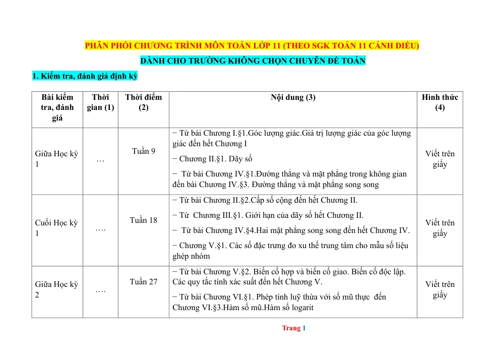 Xem trước trang 1 của "Phân Phối Chương Trình Toán 11 - Cánh Diều"