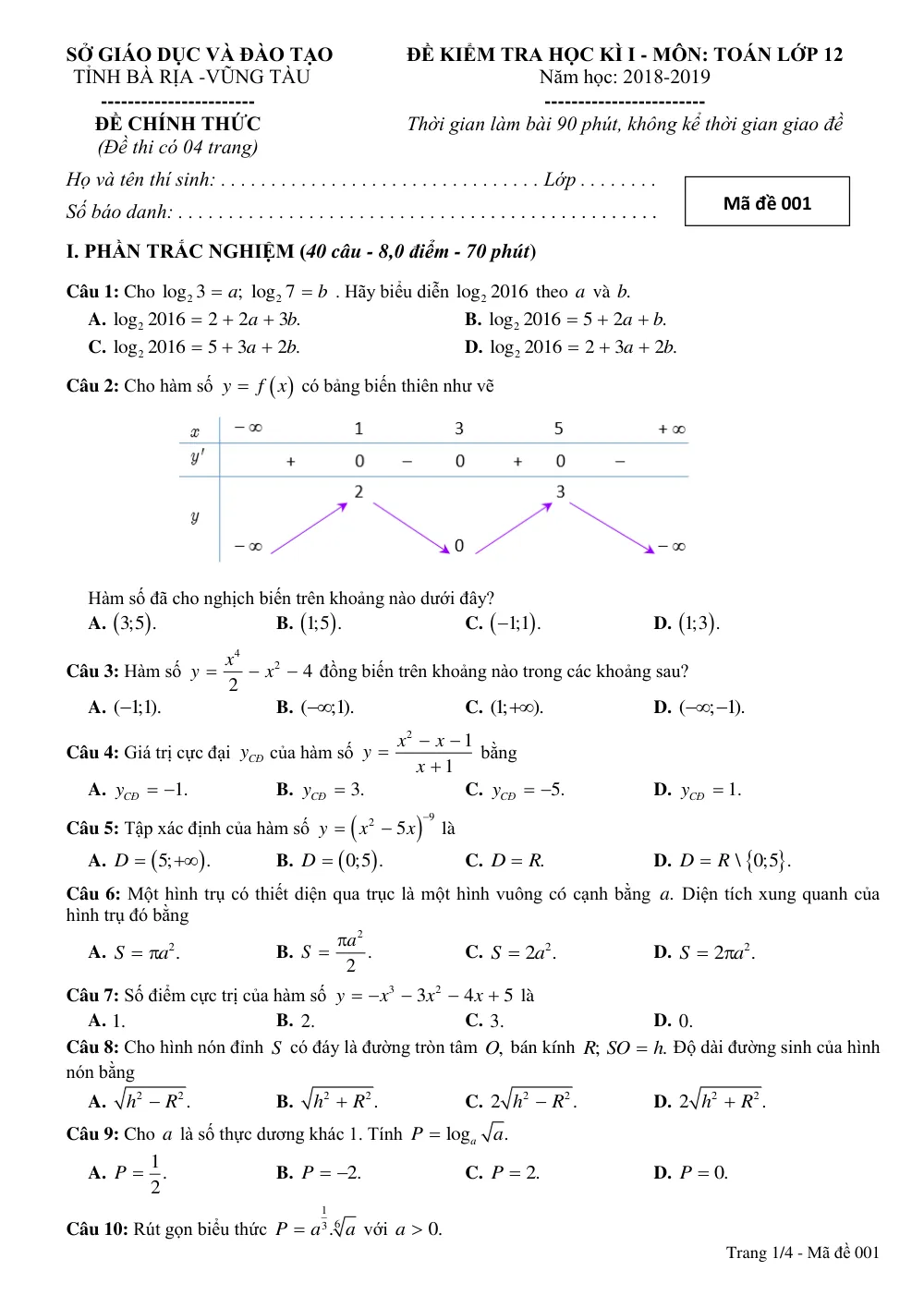 Xem trước trang 1 của "Đề Kiểm Tra Học Kỳ I - Toán 12 - Năm học 2018-2019 - Tỉnh Bà Rịa - Vũng Tàu"