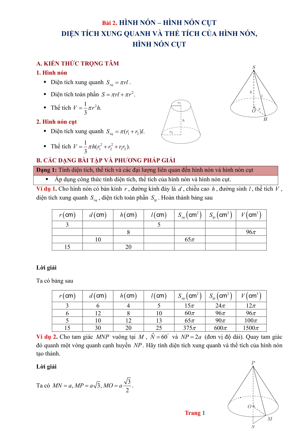 Xem trước trang 1 của "Bài 2. Hình Nón – Hình Nón Cụt - Diện Tích Xung Quanh Và Thể Tích Của Hình Nón, Hình Nón Cụt"
