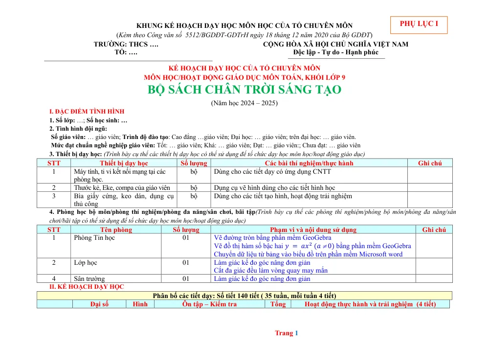 Xem trước trang 1 của "Kế hoạch dạy học môn Toán lớp 9 - Bộ sách Chân trời sáng tạo (Năm học 2024 – 2025)"