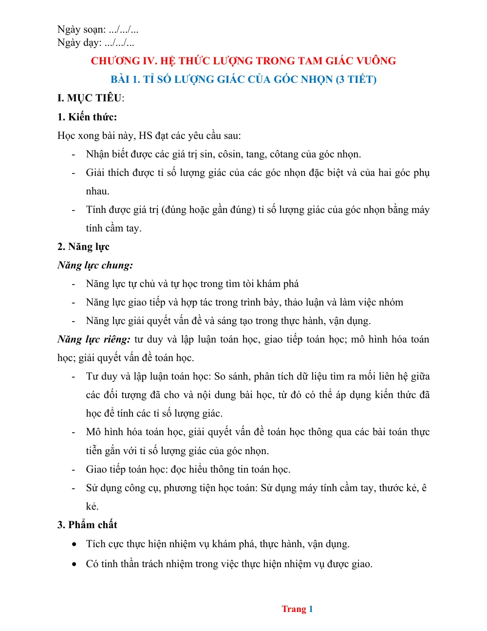 Xem trước trang 1 của "Toán 9 - Chương IV: Hệ thức lượng trong tam giác vuông - Bài 1: Tỉ số lượng giác của góc nhọn"